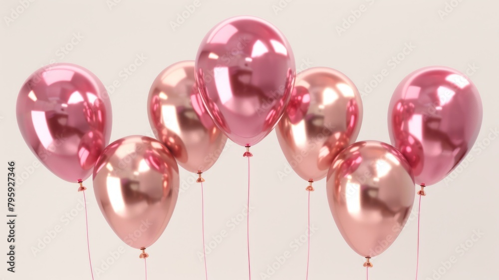 Shiny pink balloons floating gracefully - A collection of glossy pink balloons with a metallic finish, tied with thin red strings, ascend gently against a soft background