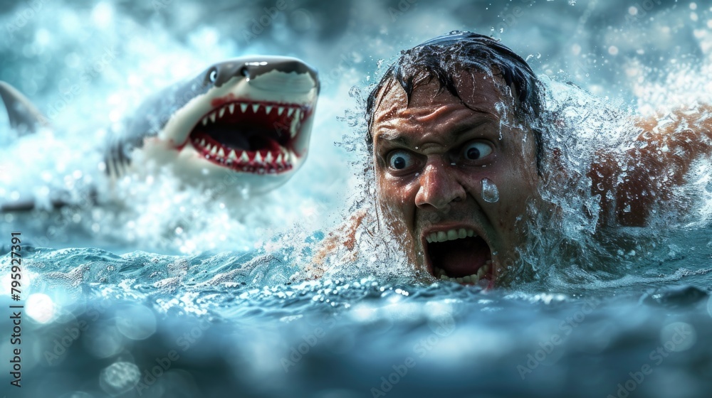 A man facing a shark head-on as they both swim in the water.
