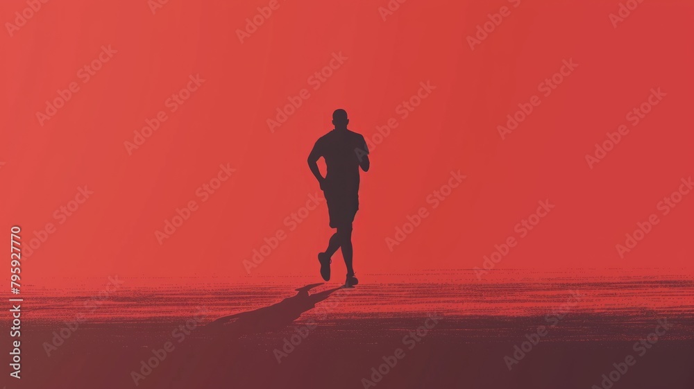 Silhouette runner on red background - A lone silhouette of a runner set against a drenched red background, casting a long shadow on an invisible ground