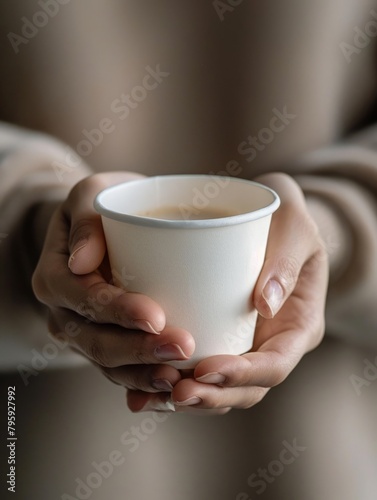Close-up of hands holding a cup of tea - A person's hands gently cradle a disposable paper cup, suggesting warmth and comfort in a simple setting