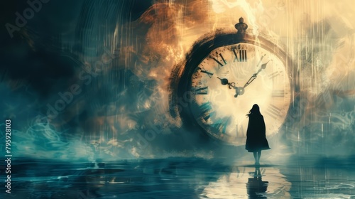 Time seems to stretch and warp as the woman stands in front of the clock, a spectral figure hovering behind her, whispering secrets of the future photo