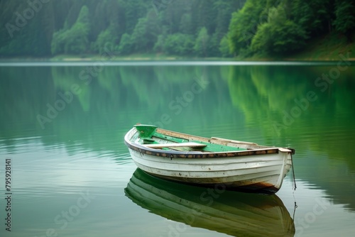 Green boat on calm lake water surrounded by forest