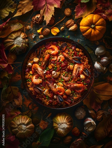 Autumn-themed seafood paella delicious composition - A top-view image of a seafood paella surrounded by autumn leaves, showcasing a fusion of culinary delight and seasonal beauty