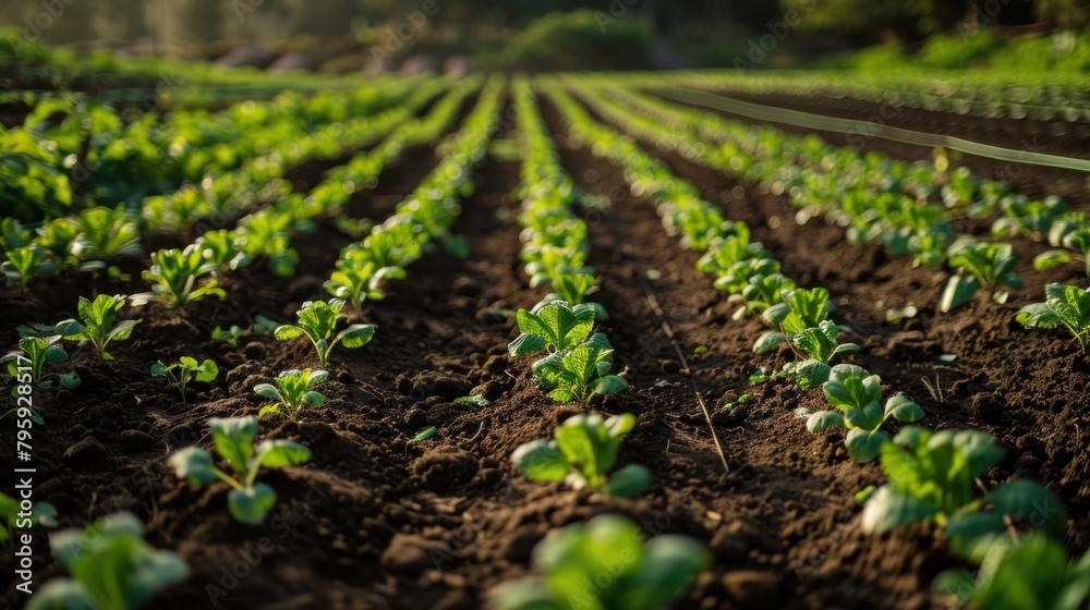 Organic plants growing in a row in an agricultural environment, AI generated image. Organic plants growing in a row in an agricultural environment, AI generated image.