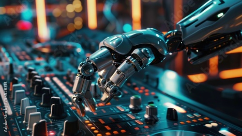 Robot disc jockey hand at dj mixer close up, view in nightclub during party.AI generated image.
