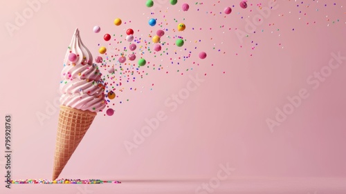Ice cream cone with toppings and floating candies - A whimsical image of a soft serve ice cream cone with a burst of candy toppings against a pink background