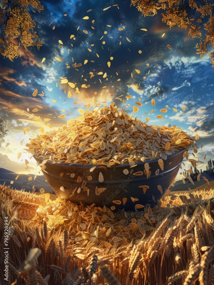 Golden wheat pouring from a clay pot - An artistic depiction of harvest, with golden wheat grains spilling from a traditional pot against an amber sunset and farmland Golden wheat pouring from a clay pot - An artistic depiction of harvest, with golden wheat grains spilling from a traditional pot against an amber sunset and farmland