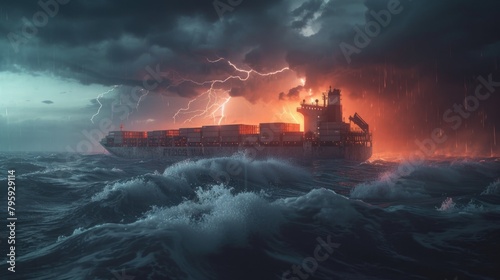 A cargo ship bravely navigates through a fierce storm with high waves and dark clouds.
