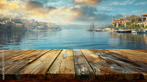 A wooden board with a view of the water and boats