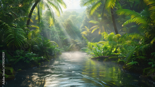 A lush green jungle with a river running through it