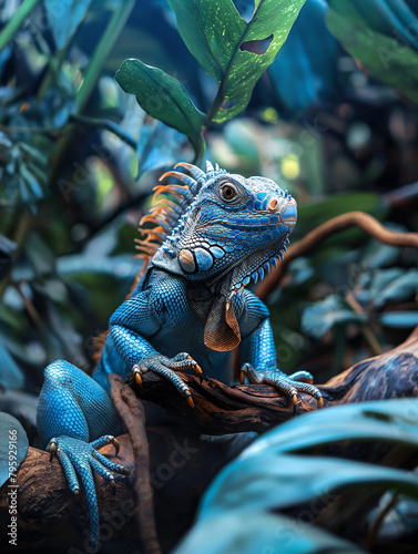 
Iguana: Large iguana with blue and green scales, sitting on a branch in the rainforest in a relaxed posture, anthropomorphic