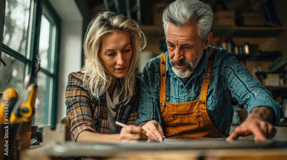Mid adult couple making home improvement and measuring in the garage or workingspace. Mid adult couple making home improvement and measuring in the garage or workingspace.