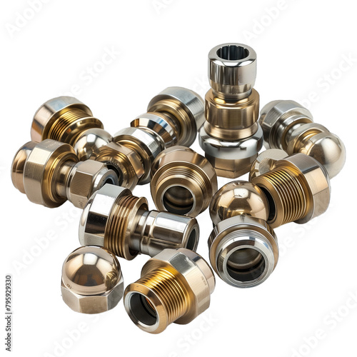 metallic plugs for plumbing on a white background