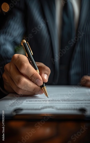 Businessman close up signing contract at work in office room. Cropped corporate male signing paper work for health insurance, loan mortgage and employee.