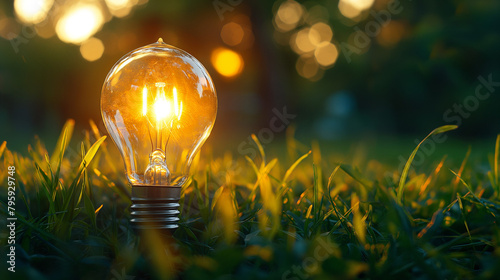 light bulb on light bulb on gray grass at outdoor with green nature background light bokeh.