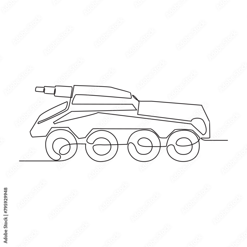 One continuous line drawing of Military vehicle vector illustration. Military transportation design in simple linear style concept. Non coloring military vehicle design concept vector illustration.