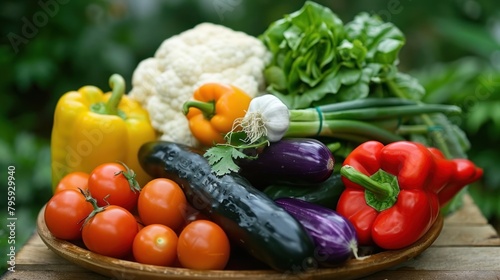 Assortment of fresh organic vegetables on a wooden table, AI generated image.