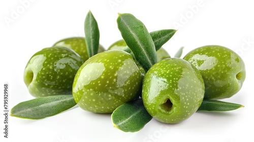 Image of green olives with leaves isolated on a white background. Herb, vegan, norishment concept.