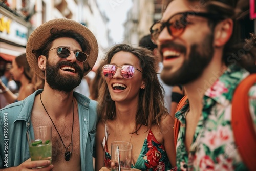 Group of friends having fun on a summer day in the city.