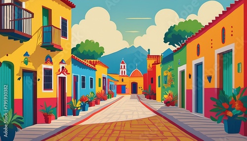 ilustración de pequeño pueblo mexicano.