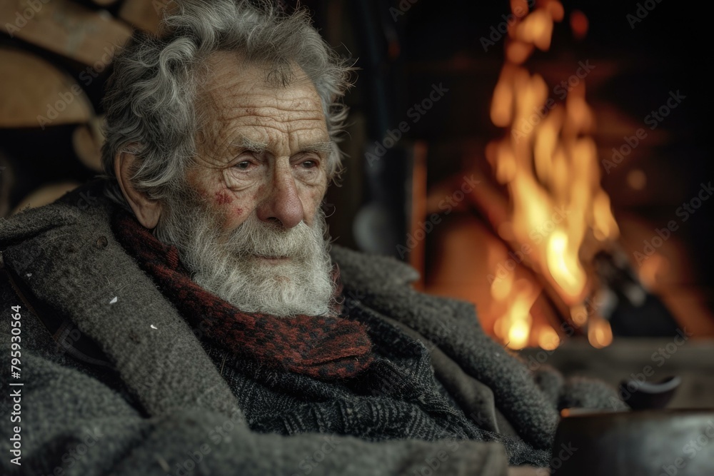 A man with a beard sitting in front of fire. Generative AI.