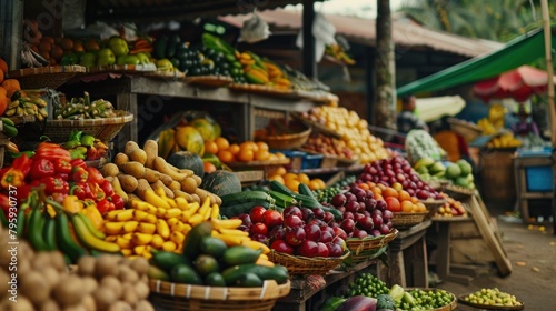 Traditional market with a variety of colorful fresh fruit and vegetables AI generated image.