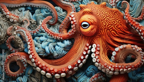 An octopus is depicted in a colorful painting of the sea. Generative AI.