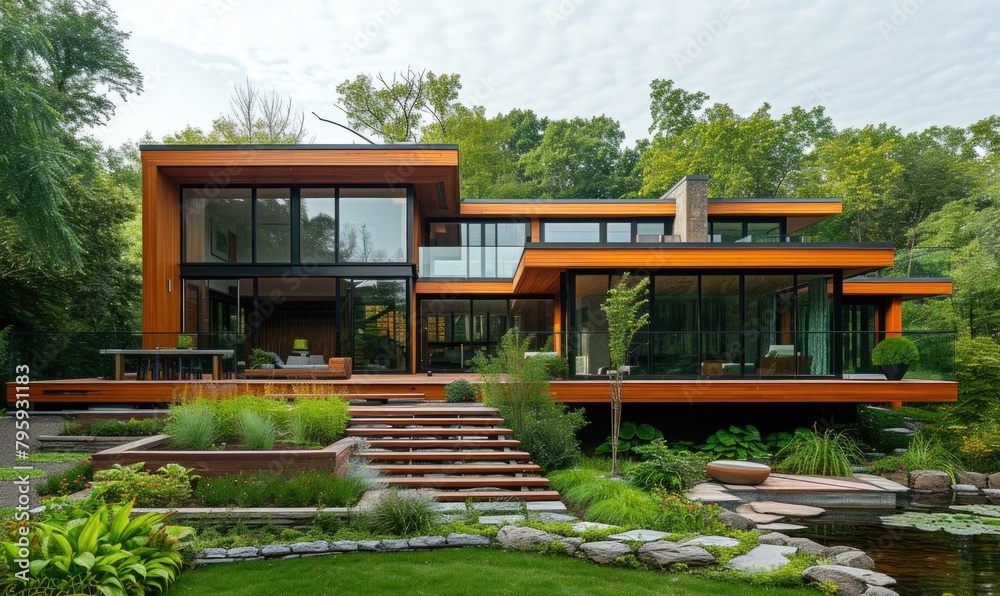 A large modern house with a lot of windows and steps. Generative AI. A large modern house with a lot of windows and steps. Generative AI.