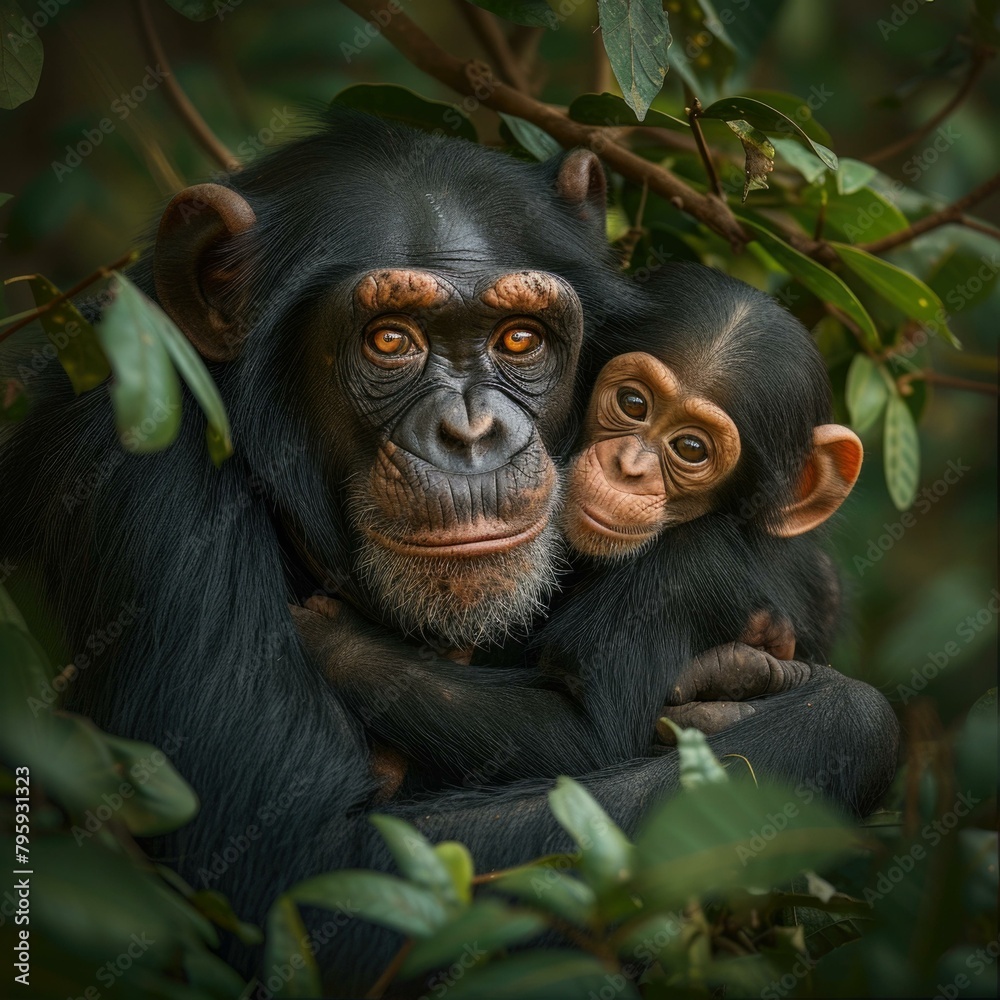 Obraz premium A mother and child of a chimpanzee in the jungle. Generative AI.