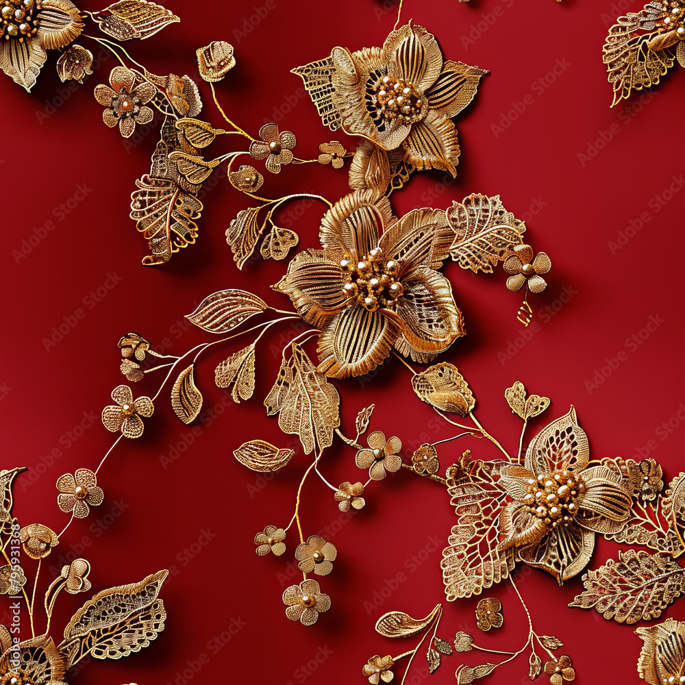 Seamless pattern of golden embroidery on red Seamless pattern of golden embroidery on red