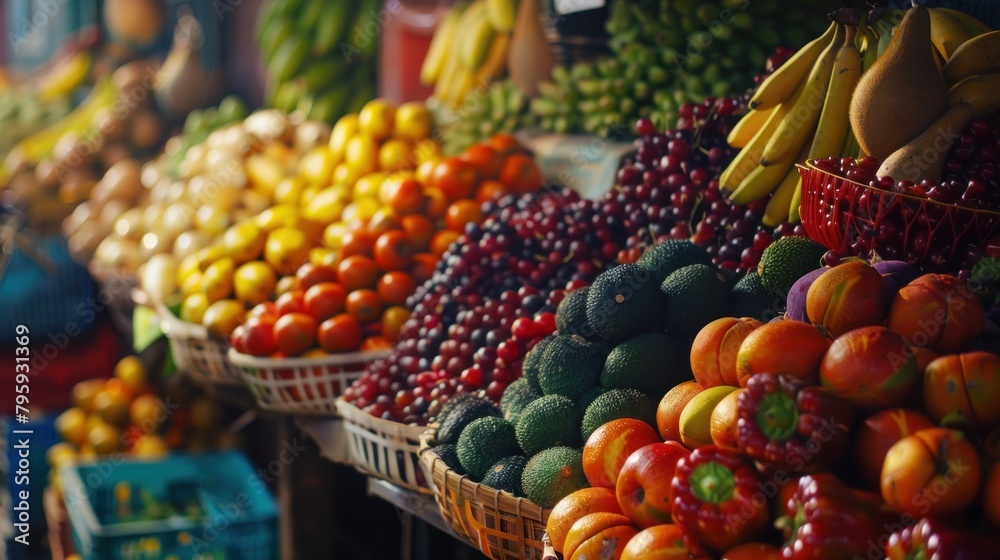 Traditional market with a variety of colorful fresh fruit and vegetables,AI generated image.