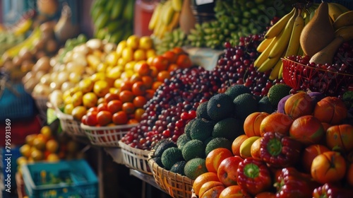 Traditional market with a variety of colorful fresh fruit and vegetables,AI generated image. photo