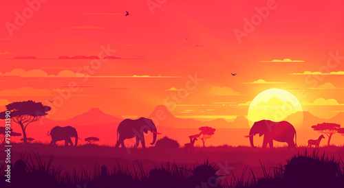 African savannah at sunset with silhouettes of elephants  lions and zebras in a flat vector illustration style  Generative AI