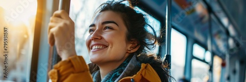 Smiling woman holding handle while traveling by public bus