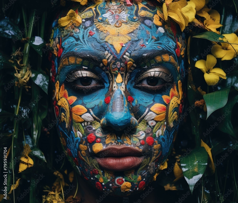 A woman with a painted face covered in flowers. Generative AI.