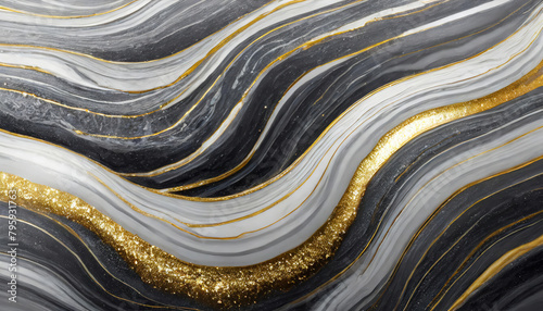 Abstract wavy white, black and grey dynamic fluid agate marble with thin gold veins, swirls, ripples, waves and glitter texture background. Stone material for luxury surfaces and walls. 