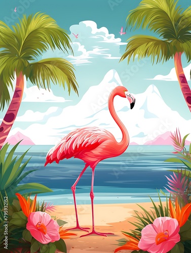 summer beach with tropical trees and flamingo, summer vacation,