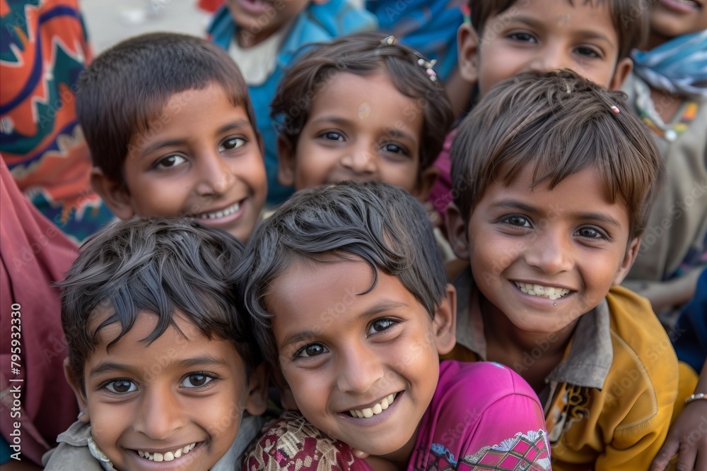 Group of happy indian kids smiling at the camera in Jaipur, India