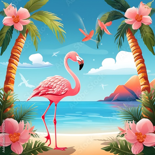 summer beach with tropical trees and flamingo  summer vacation 