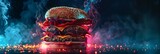 Monster Burger Layered with Dripping Cheese - An enormous stacked burger with multiple beef patties, dripping cheese, and steam against a bokeh cityscape