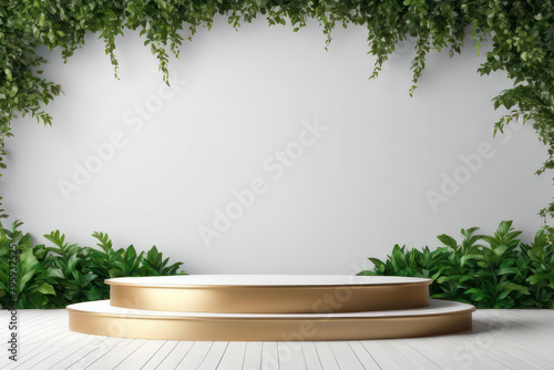 Podio da palco per la presentazione di prodotti erboristici, cosmetici e altro, con il lusso di un podio a più livelli in bianco e oro sullo sfondo con decorazioni di cornici di piante rampicanti che  photo