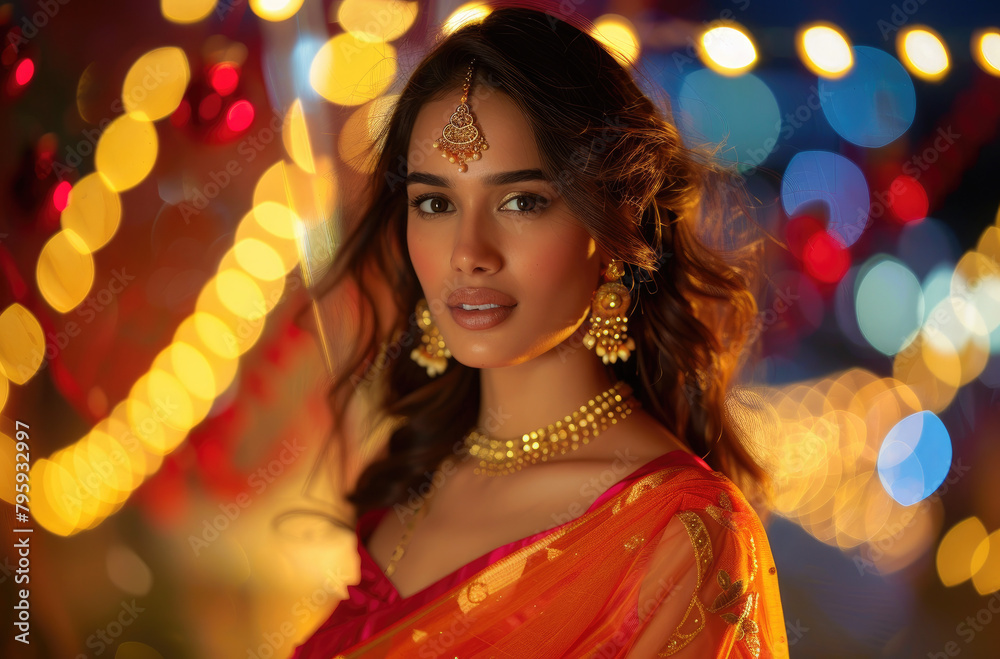 an Indian woman in her late twenties, wearing an orange and red saree with gold jewelry. She has long hair, big brown eyes, and a fair skin tone.