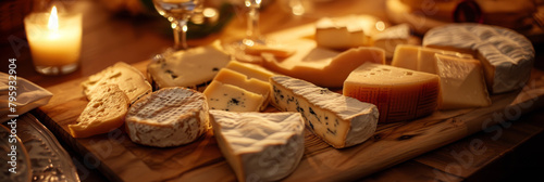 Assorted cheese platter on rustic wooden table - An inviting display of various cheese types on a wooden board, ideal for gatherings or gourmet tasting