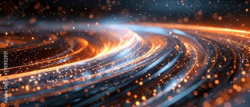 A stream of glowing orange and blue particles flowing through a dark space. photo
