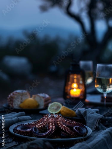 Rustic outdoor dinner with octopus and wine - An outdoor meal setup at dusk featuring a perfectly prepared octopus, bread, wine, and ambient lighting