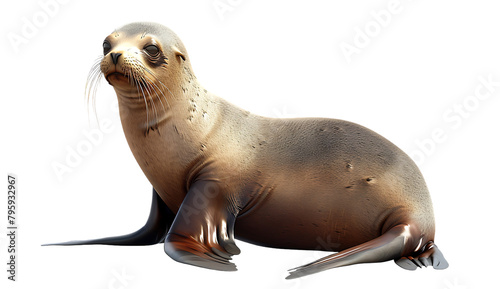 Cute Sea Lion Pup, sitting down on white background