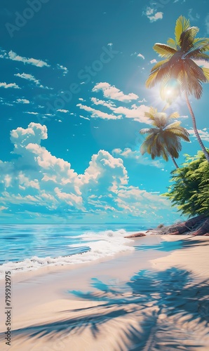 a beach scene and palm trees