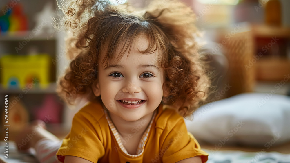 Smiling child playing looking at camera indoors, AI Generative. Smiling child playing looking at camera indoors, AI Generative.