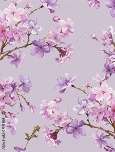 Illustrated purple lilac florals on a branch - Artistic representation of blooming lilac florals against a solid purple background, embodying a springtime vibe
