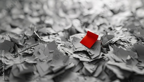 A single red paper scrap in a pile of gray paper scraps.